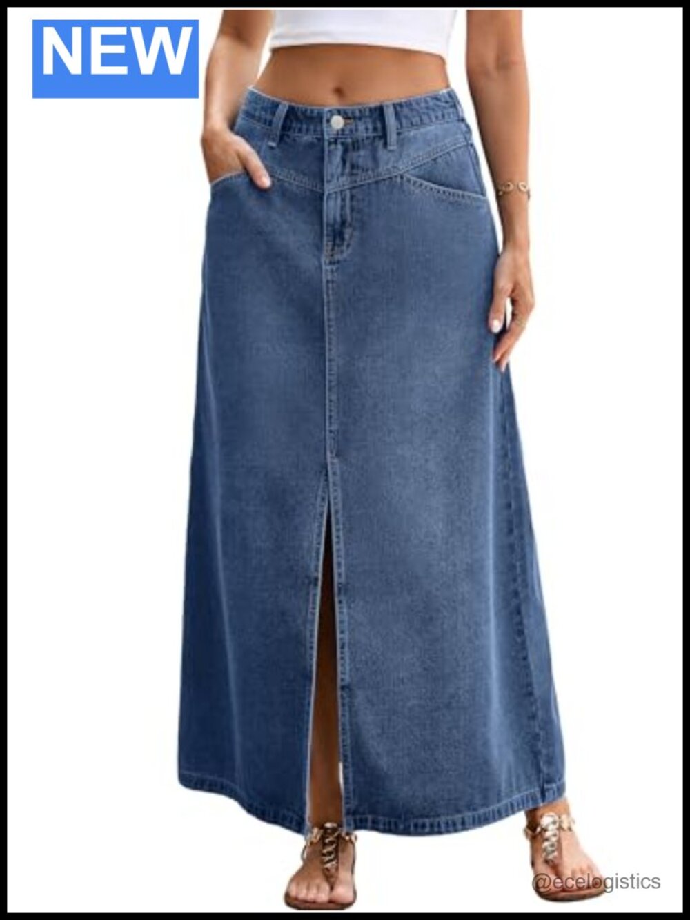 High Waisted Denim Maxi Skirt with Pockets A-Line Slit Jean Skirt